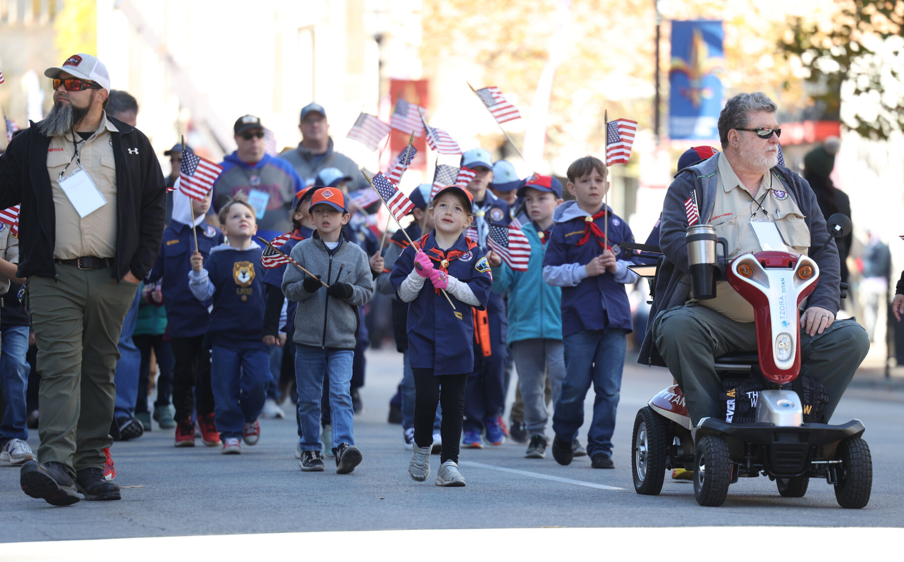 Boys Scouts walk during Veterans Day parade.JPG